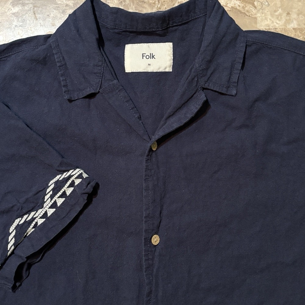 Folk Clothing Shirt Mens Medium Blue Linen Blend Short Sleeve Button Aztec